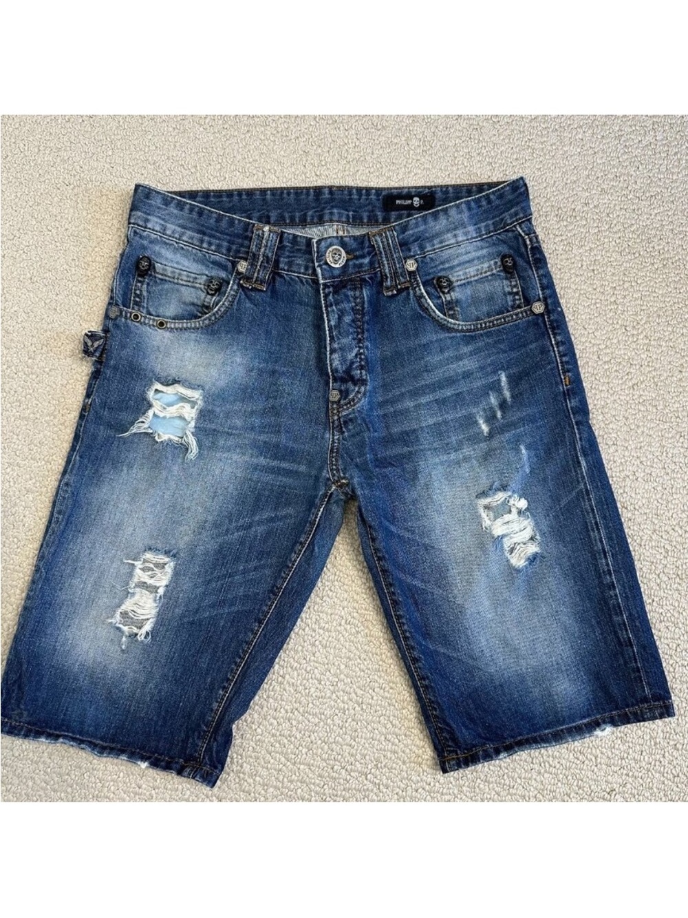 Philipp Plein Jean Shorts Size 31 Blue Skull‎ Button Fly Ripped Jorts